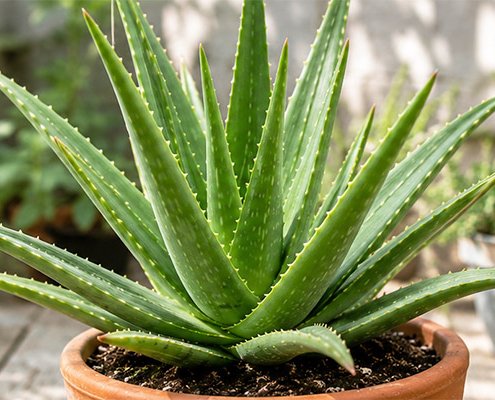Healthy Aloe vera plant growing in a terracotta pot with thick green leaves.